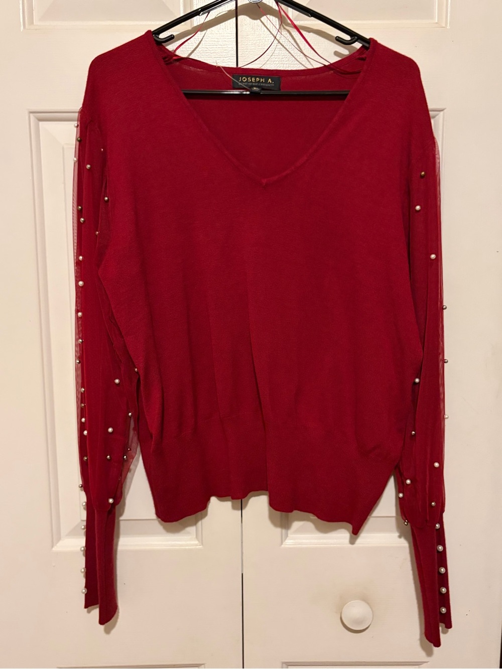 Joseph Deep Red V-Neck Sweater with Pearl-Detail Sleeves